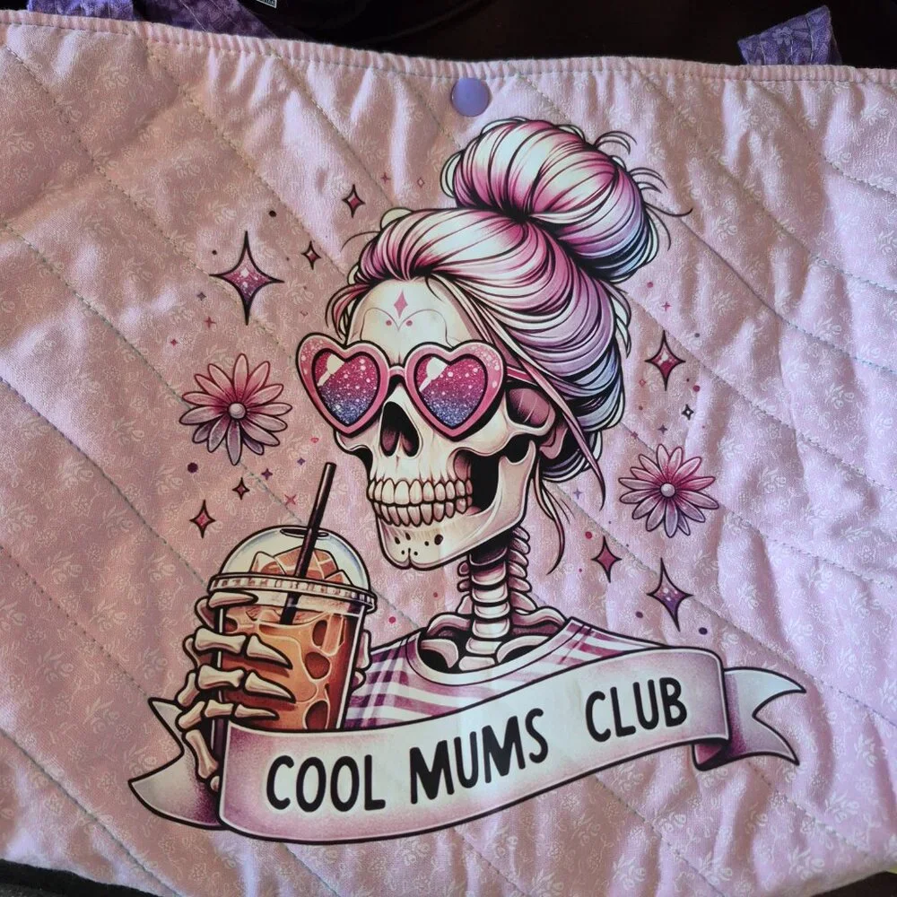 Cool Mums Club Quilted Tote -‎ Skull with Heart Glasses & Coffee - Handcrafted